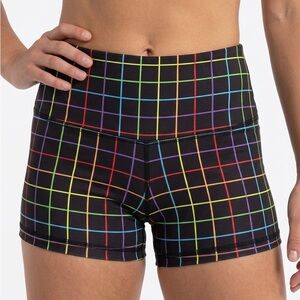 Peachy Athletic Shorts Women’s Large Black Rainbow Grid Compression Yoga Gym